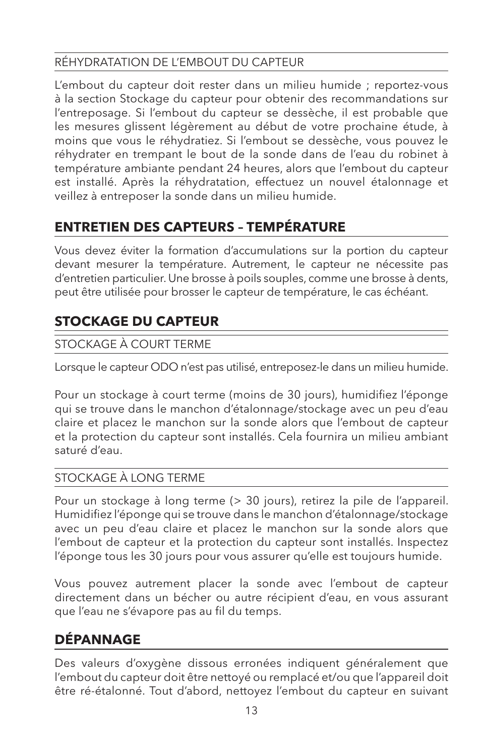 Réhydratation de l’embout du capteur, Stockage à court terme stockage à long terme, Dépannage | YSI ODO200 User Manual | Page 43 / 96