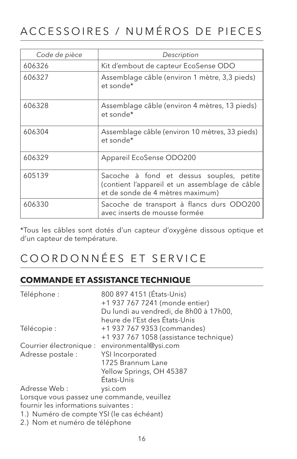Coordonnées et service, Commande et assistance technique | YSI ODO200 User Manual | Page 46 / 96