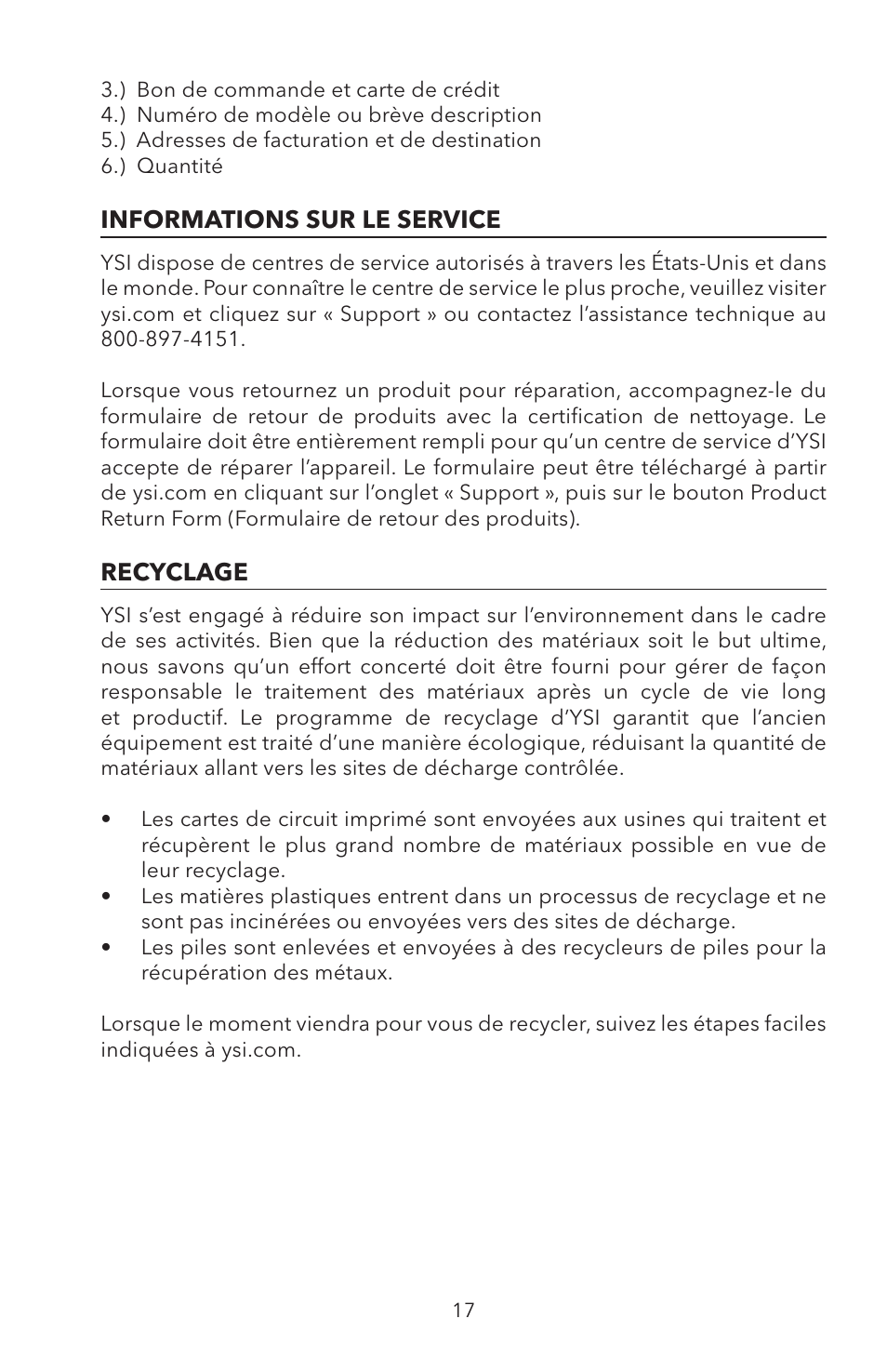 Informations sur le service recyclage, Informations sur le service, Recyclage | YSI ODO200 User Manual | Page 47 / 96