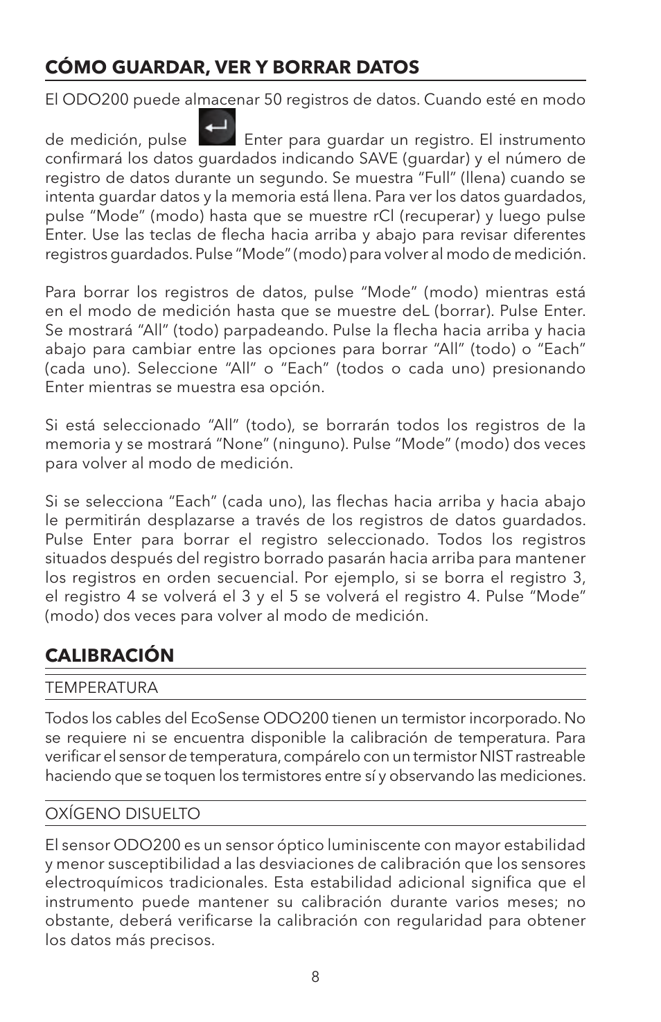 Cómo guardar, ver y borrar datos, Calibración | YSI ODO200 User Manual | Page 61 / 96