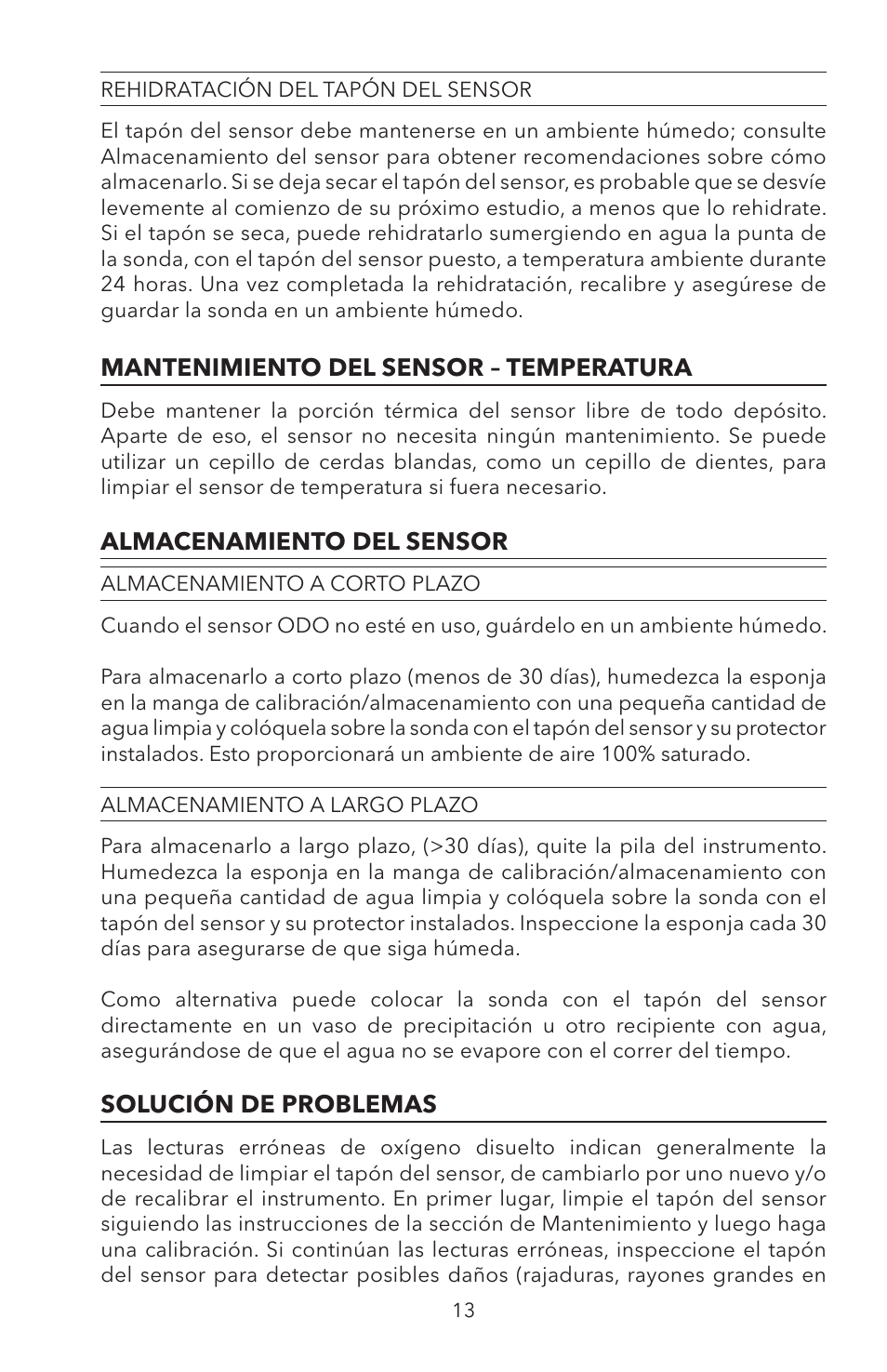 Tación del tapón del sensor, Almacenamiento del sensor, To plazo | Oblemas | YSI ODO200 User Manual | Page 66 / 96