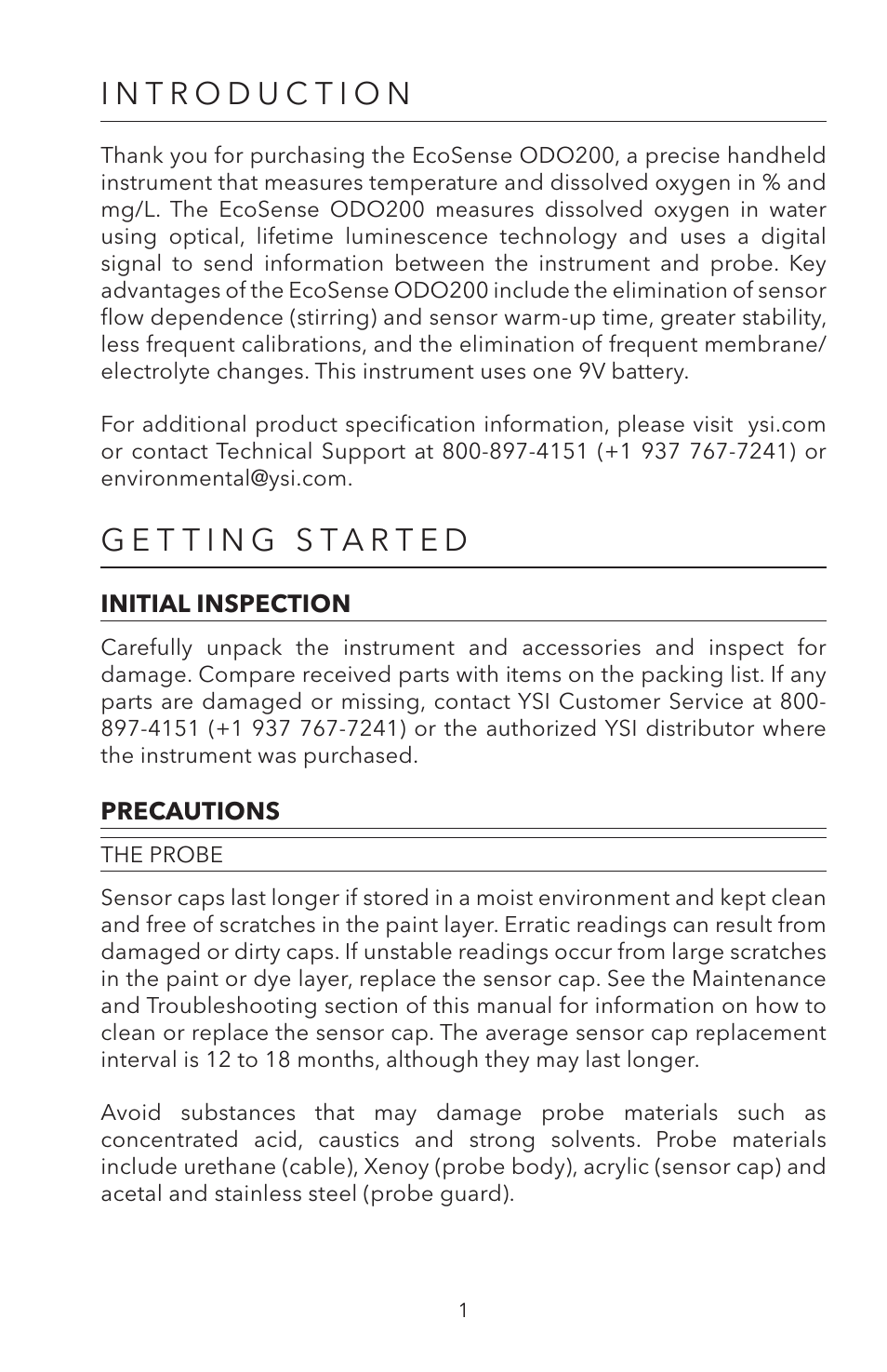 Introduction, Getting started, Initial inspection precautions | The probe | YSI ODO200 User Manual | Page 7 / 96
