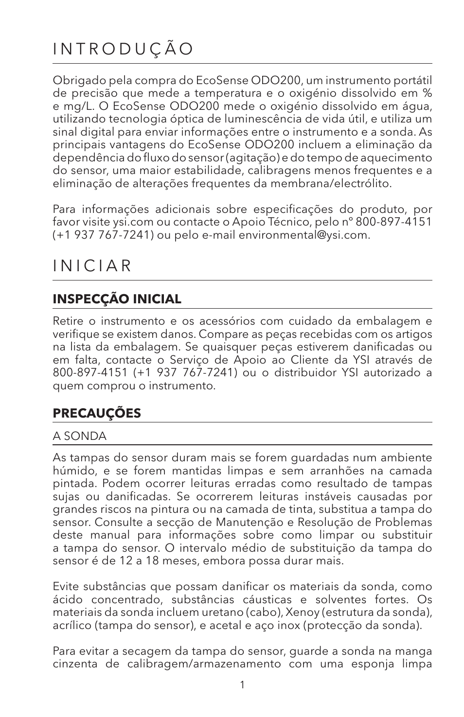 Introdução, Iniciar, Inspecção inicial precauções a sonda | YSI ODO200 User Manual | Page 78 / 96