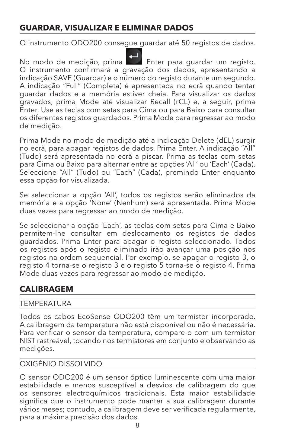 Guardar, visualizar e eliminar dados calibragem, Temperatura oxigénio dissolvido | YSI ODO200 User Manual | Page 85 / 96