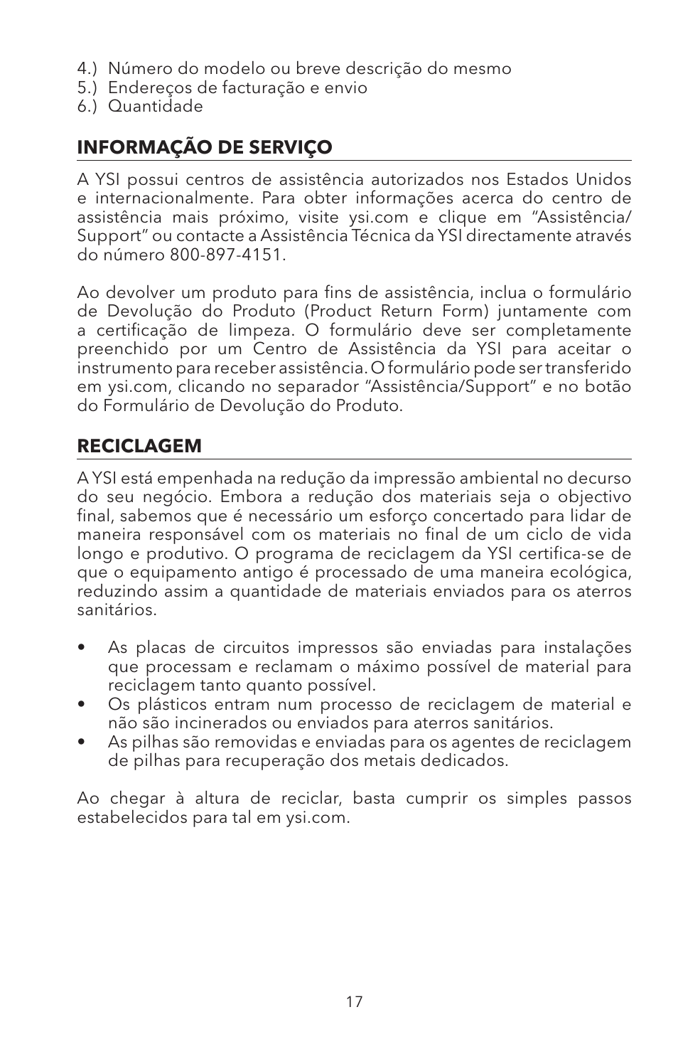 Informação de serviço reciclagem | YSI ODO200 User Manual | Page 94 / 96