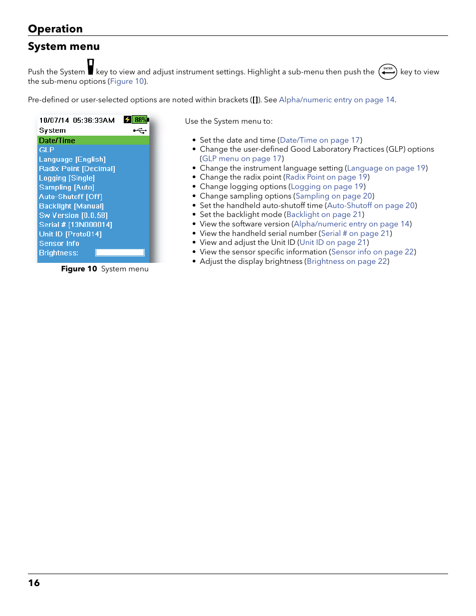 System menu, Operation system menu | YSI ProDSS User Manual | Page 18 / 90