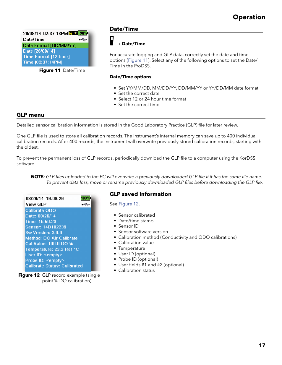 Te and time, Operation | YSI ProDSS User Manual | Page 19 / 90