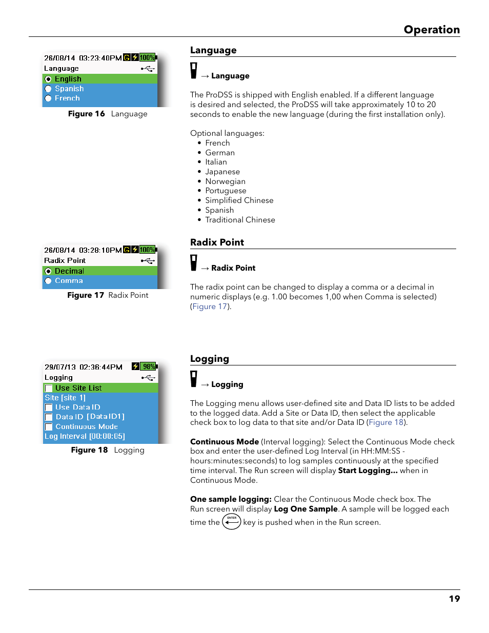 Change logging options, Operation | YSI ProDSS User Manual | Page 21 / 90