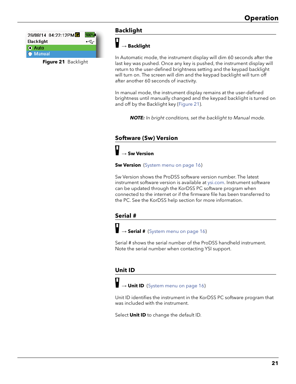 Set the backlight mode, Operation | YSI ProDSS User Manual | Page 23 / 90