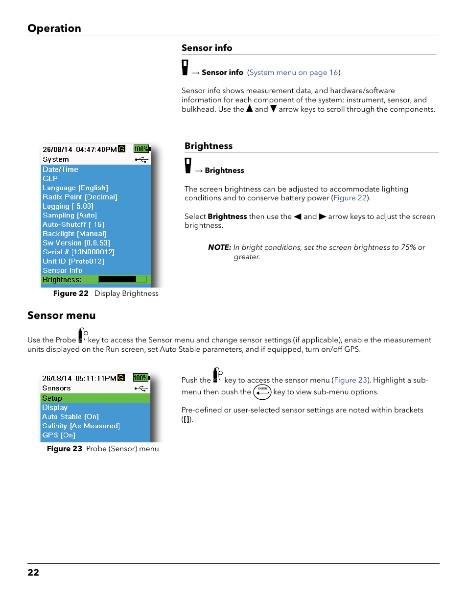 Sensor menu, Tion, Adjust the display brightness | Operation | YSI ProDSS User Manual | Page 24 / 90