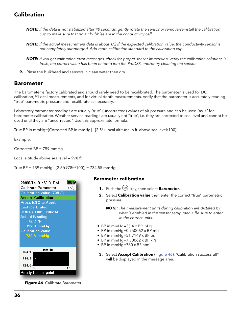 Barometer, Calibration | YSI ProDSS User Manual | Page 38 / 90
