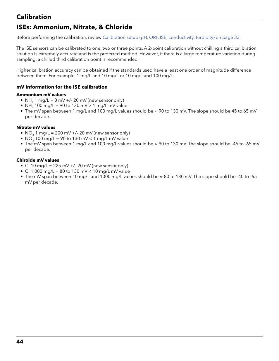 Ises: ammonium, nitrate, & chloride, Calibration ises: ammonium, nitrate, & chloride | YSI ProDSS User Manual | Page 46 / 90