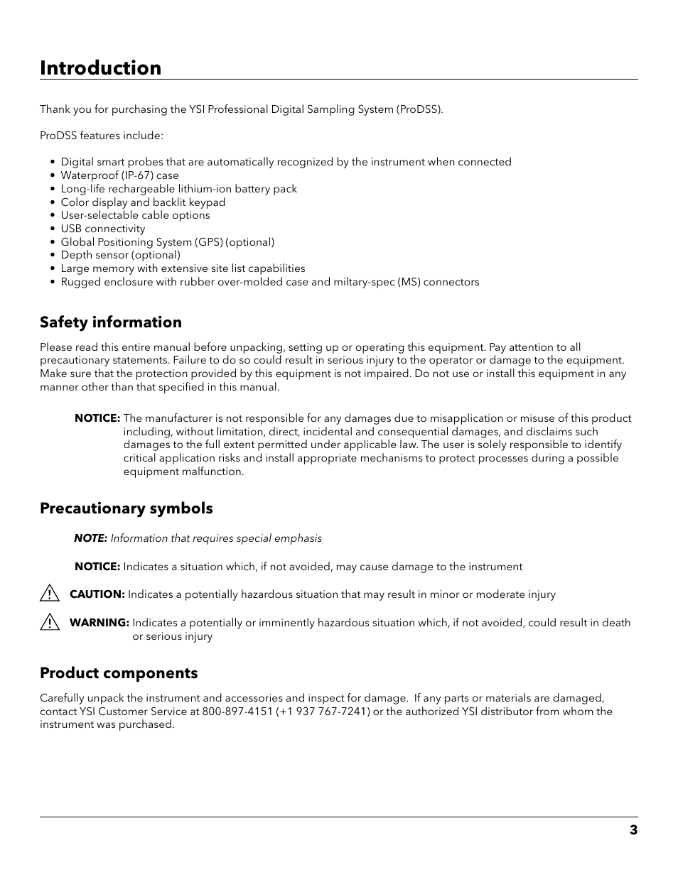 Introduction, Safety information, Precautionary symbols | Product components | YSI ProDSS User Manual | Page 5 / 90