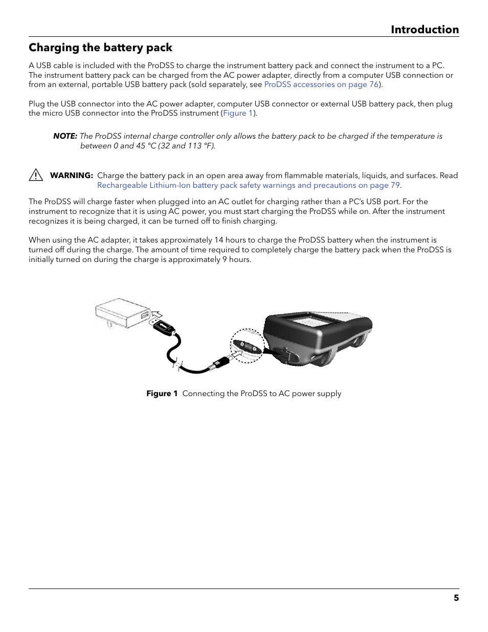 Charging the battery pack, Introduction charging the battery pack | YSI ProDSS User Manual | Page 7 / 90