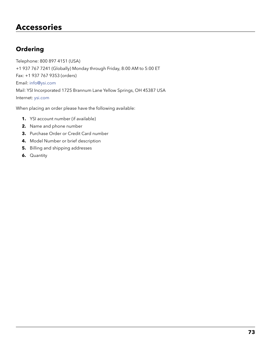 Accessories, Ordering | YSI ProDSS User Manual | Page 75 / 90
