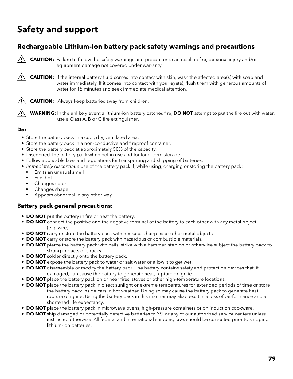 Safety and support, Rechargeable lithium-ion battery pack safety, Aa a | YSI ProDSS User Manual | Page 81 / 90