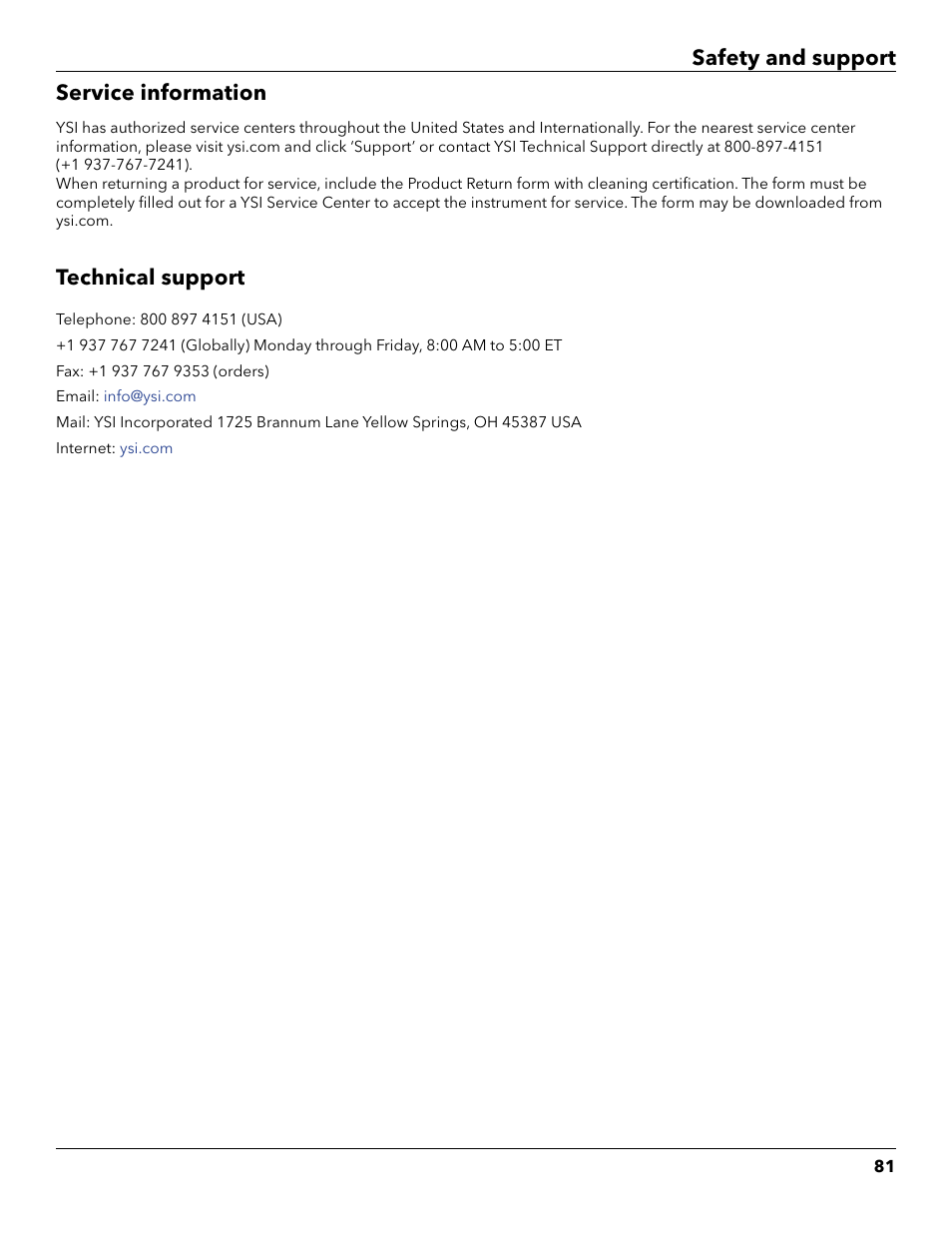 Service information, Technical support, Technical | Ecycling, Safety and support service information | YSI ProDSS User Manual | Page 83 / 90