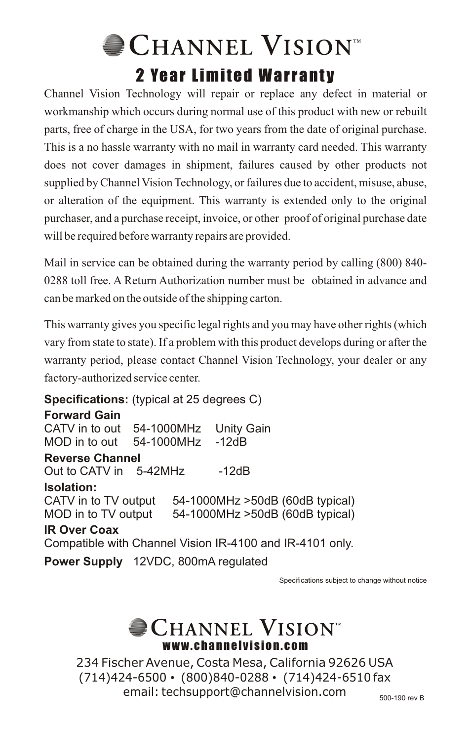 Channel Vision AFFINITY P-0328 User Manual | Page 8 / 8