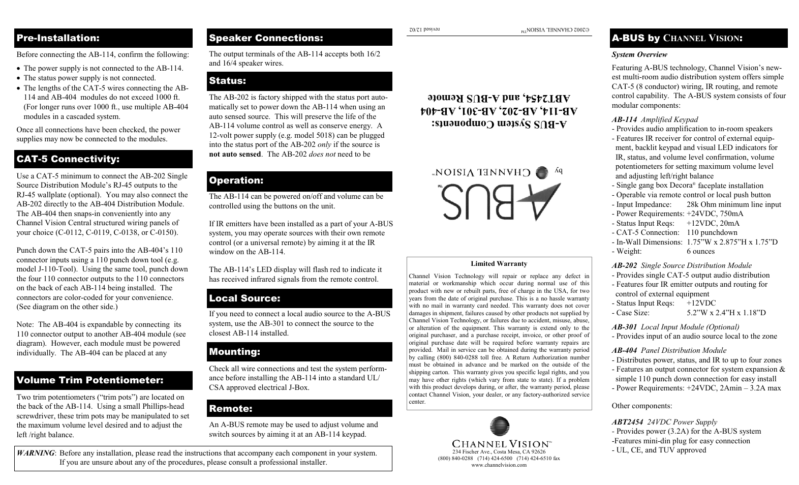 Channel Vision AB-114 User Manual | 2 pages