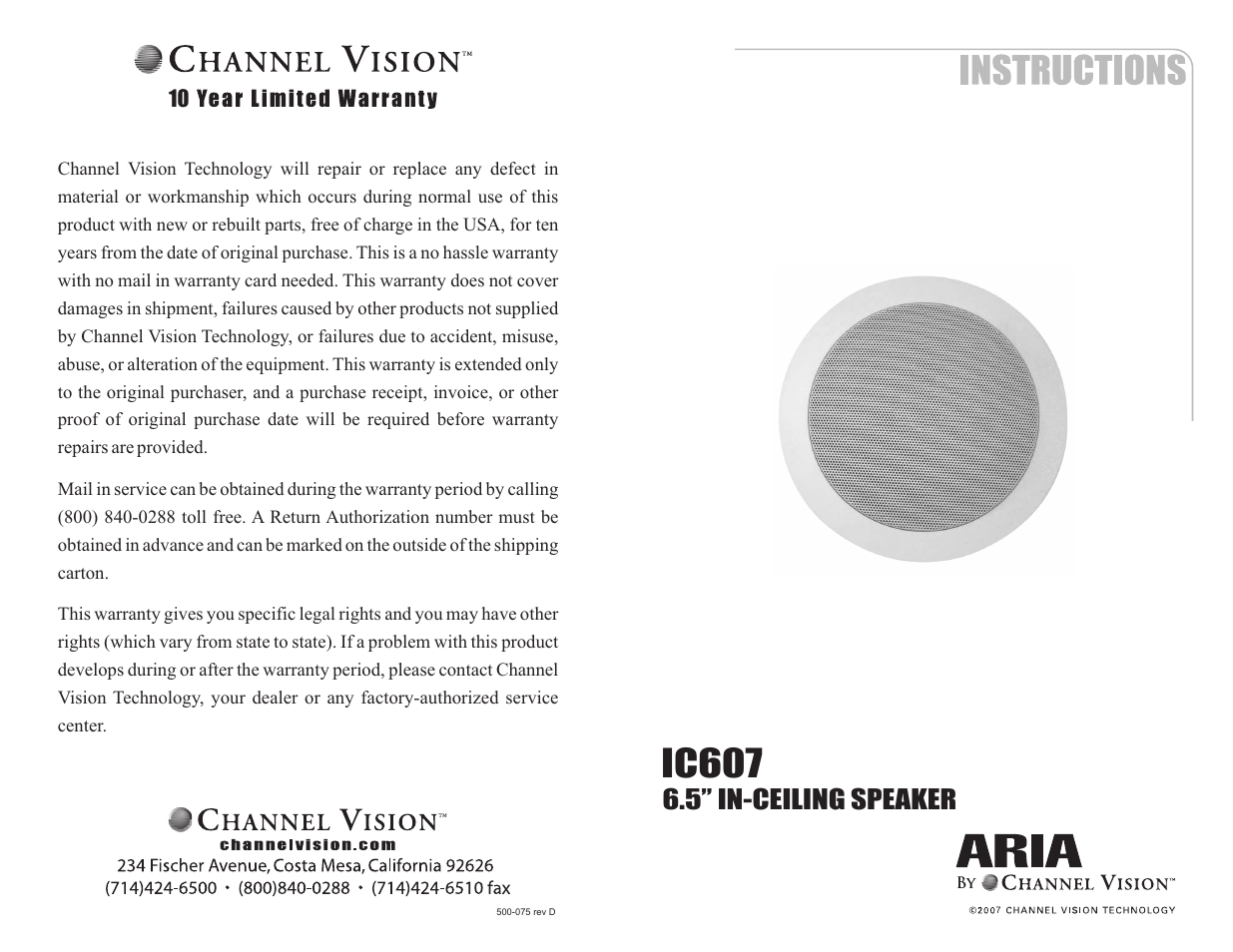 Channel Vision Aria IC607 User Manual | 2 pages