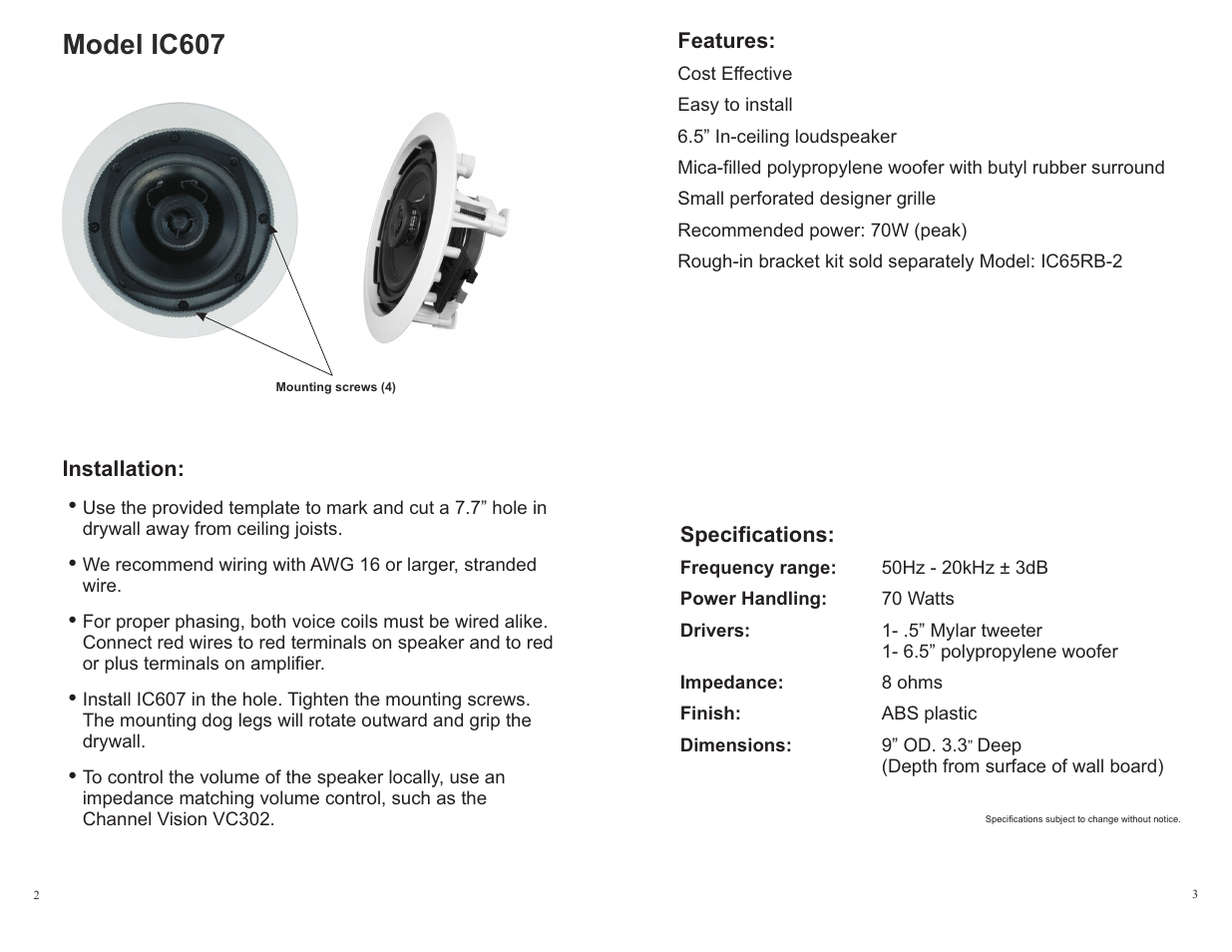 Model ic607 | Channel Vision Aria IC607 User Manual | Page 2 / 2