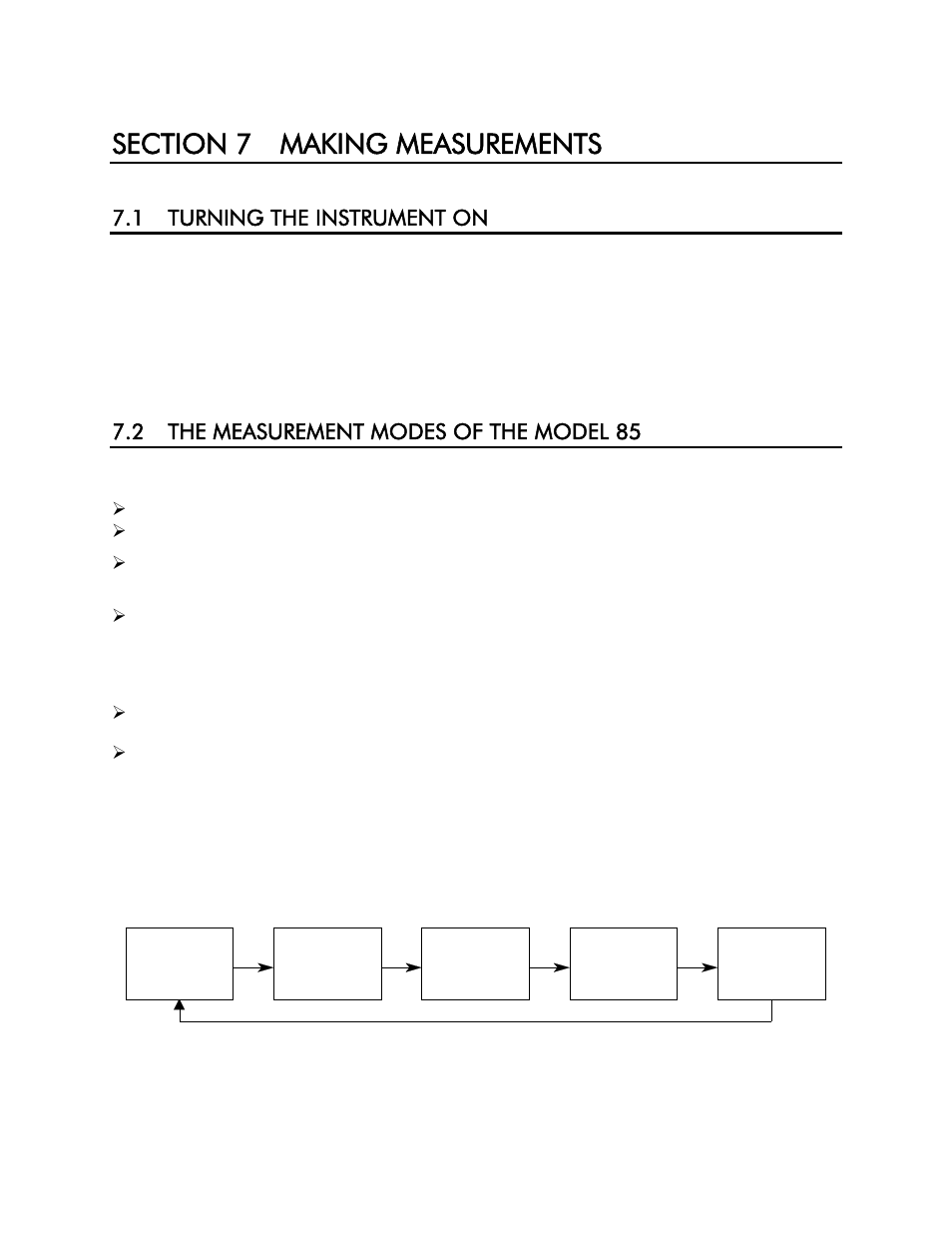 Section 7 making measurements, 1 turning the instrument on, 2 the measurement modes of the model 85 | YSI 85 User Manual | Page 21 / 60