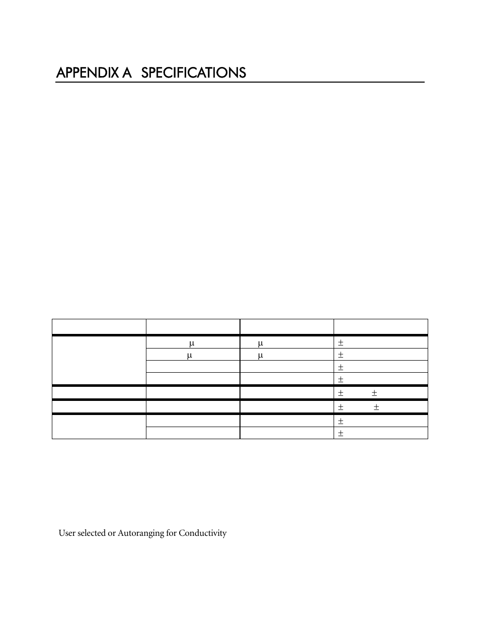 Appendix a specifications, Measurement, Range | Resolution, Accuracy | YSI 85 User Manual | Page 46 / 60