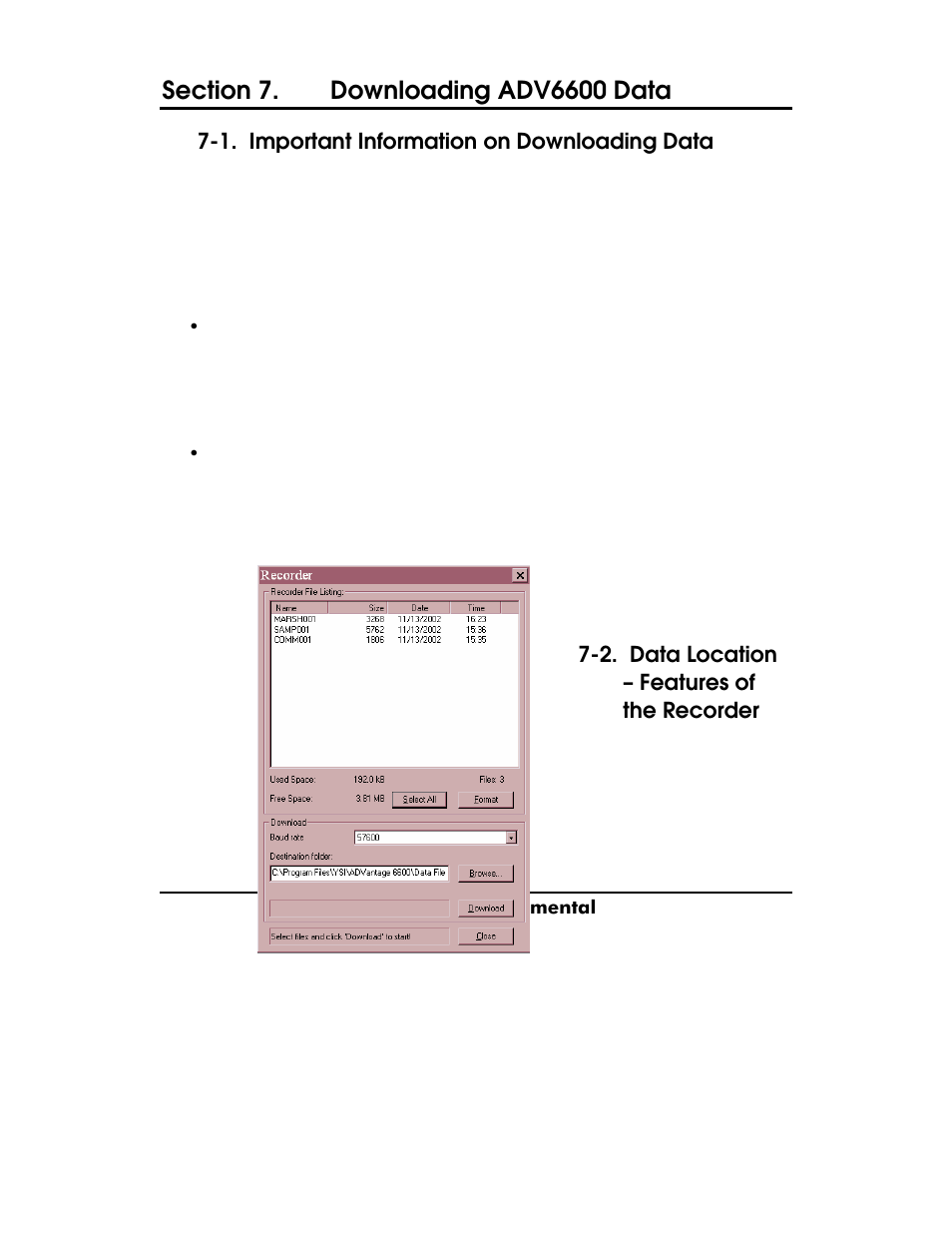 Important information on downloading data, Data location – features of the recorder, 4.3. display toolbar | 5. menu features, Y s i, 1. important information on downloading data, 2. data location – features of the recorder | YSI ADV6600 User Manual | Page 97 / 202