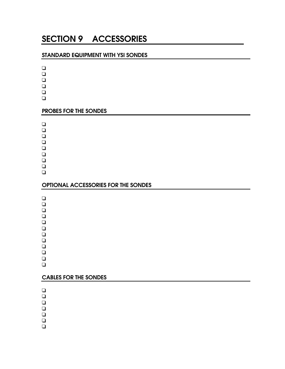 Standard equipment with ysi sondes, Probes for the sondes, Optional accessories for the sondes | Cables for the sondes | YSI PC6000 User Manual | Page 37 / 42