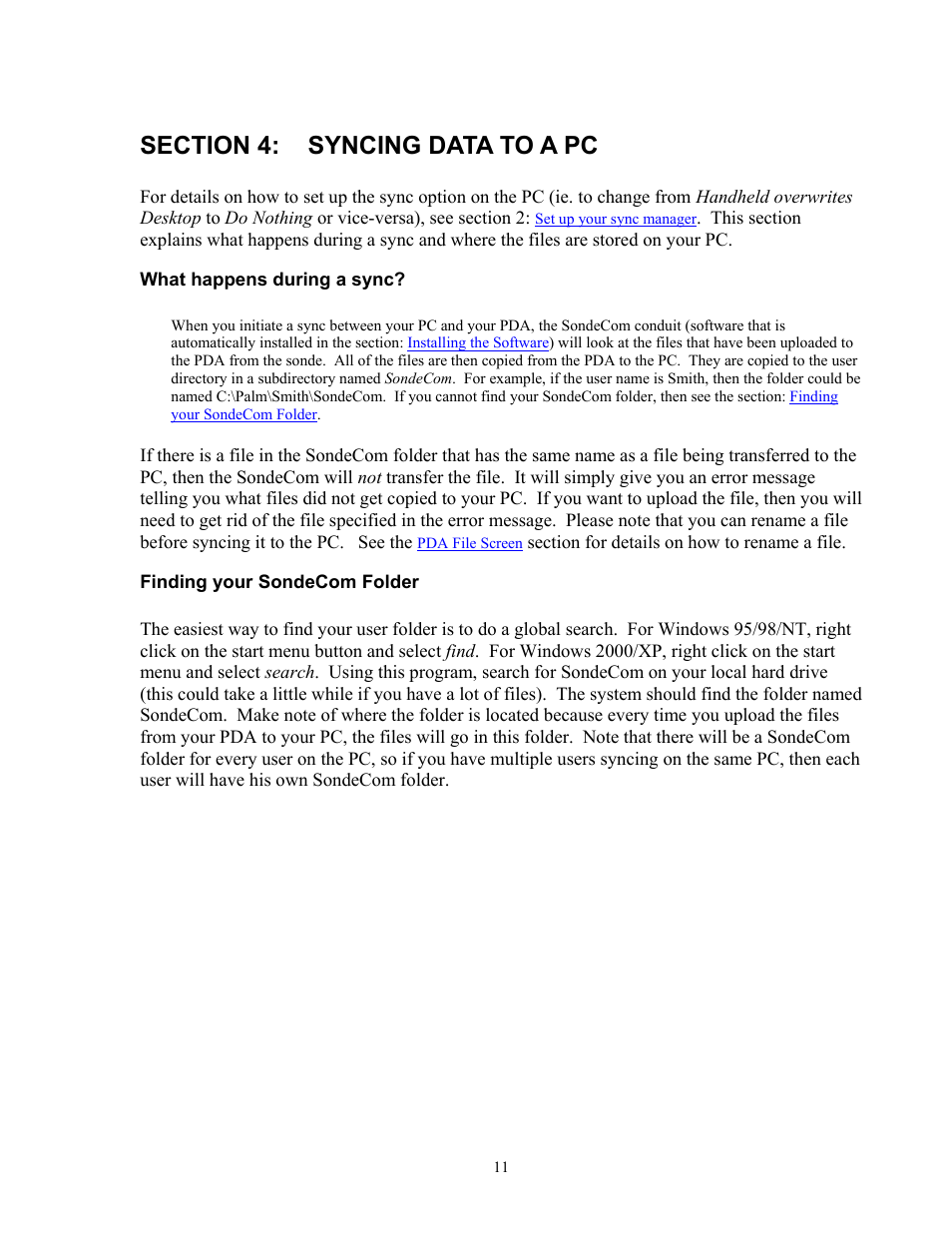 Section 4:syncing data to a pc, What happens during a sync, Finding your sondecom folder | Section 4: syncing data to a pc | YSI SondeCom User Manual | Page 11 / 13