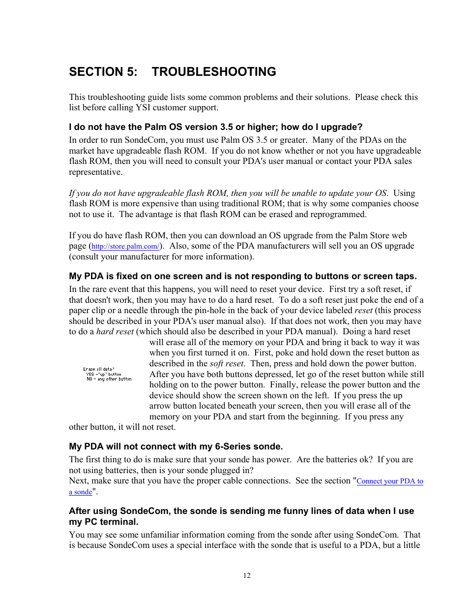 Section 5:troubleshooting, My pda will not connect with my 6-series sonde, Section 5: troubleshooting | YSI SondeCom User Manual | Page 12 / 13