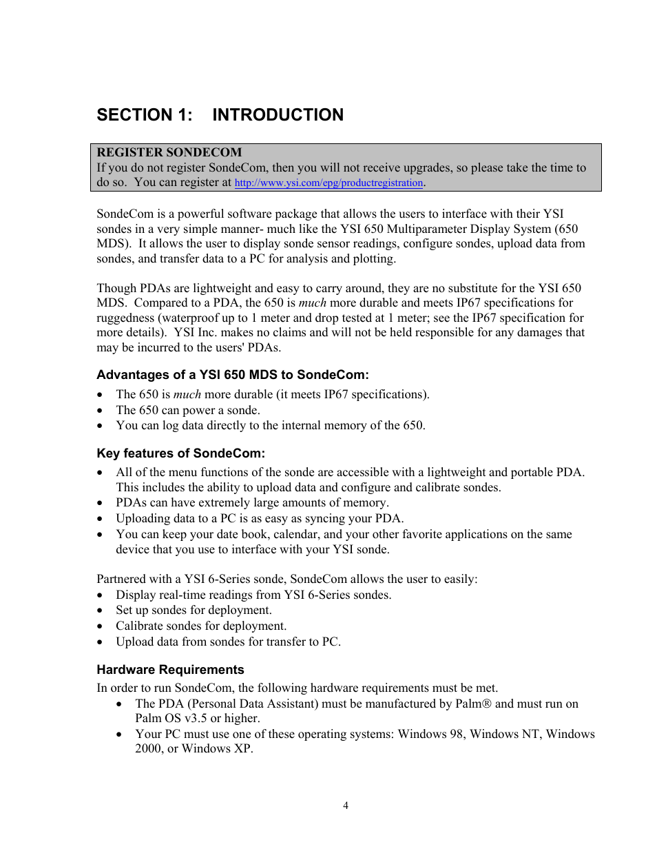 Section 1:introduction, Advantages of a ysi 650 mds to sondecom, Key features of sondecom | Hardware requirements, Section 1: introduction, Hardware_requirements | YSI SondeCom User Manual | Page 4 / 13