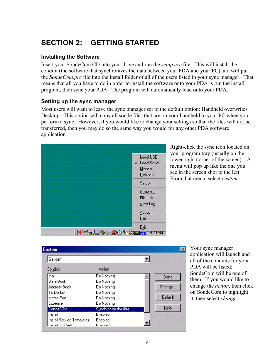Section 2:getting started, Installing the software, Setting up the sync manager | Section 2: getting started, Installing software | YSI SondeCom User Manual | Page 6 / 13