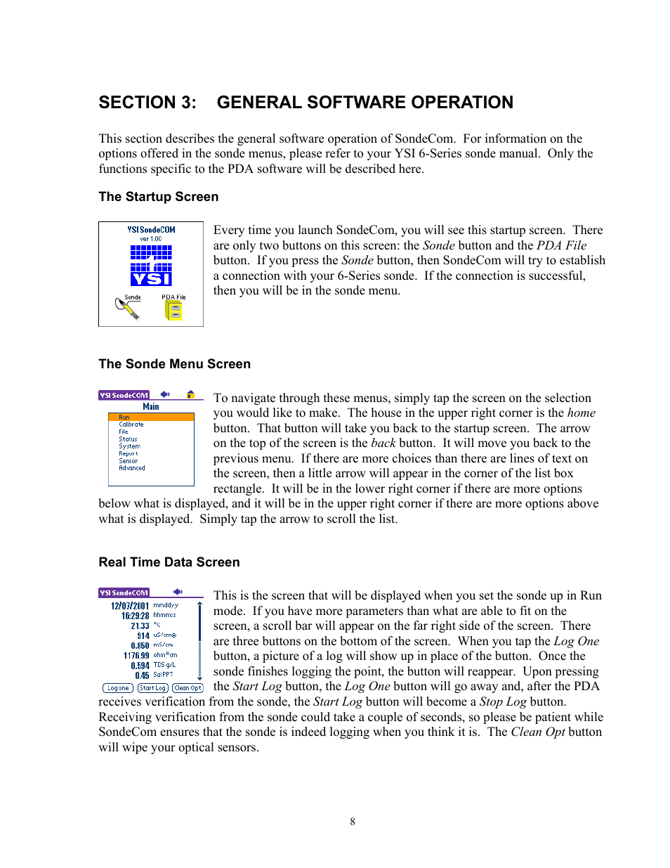 Section 3:general software operation, The startup screen, The sonde menu screen | Real time data screen, Section 3: general software operation | YSI SondeCom User Manual | Page 8 / 13