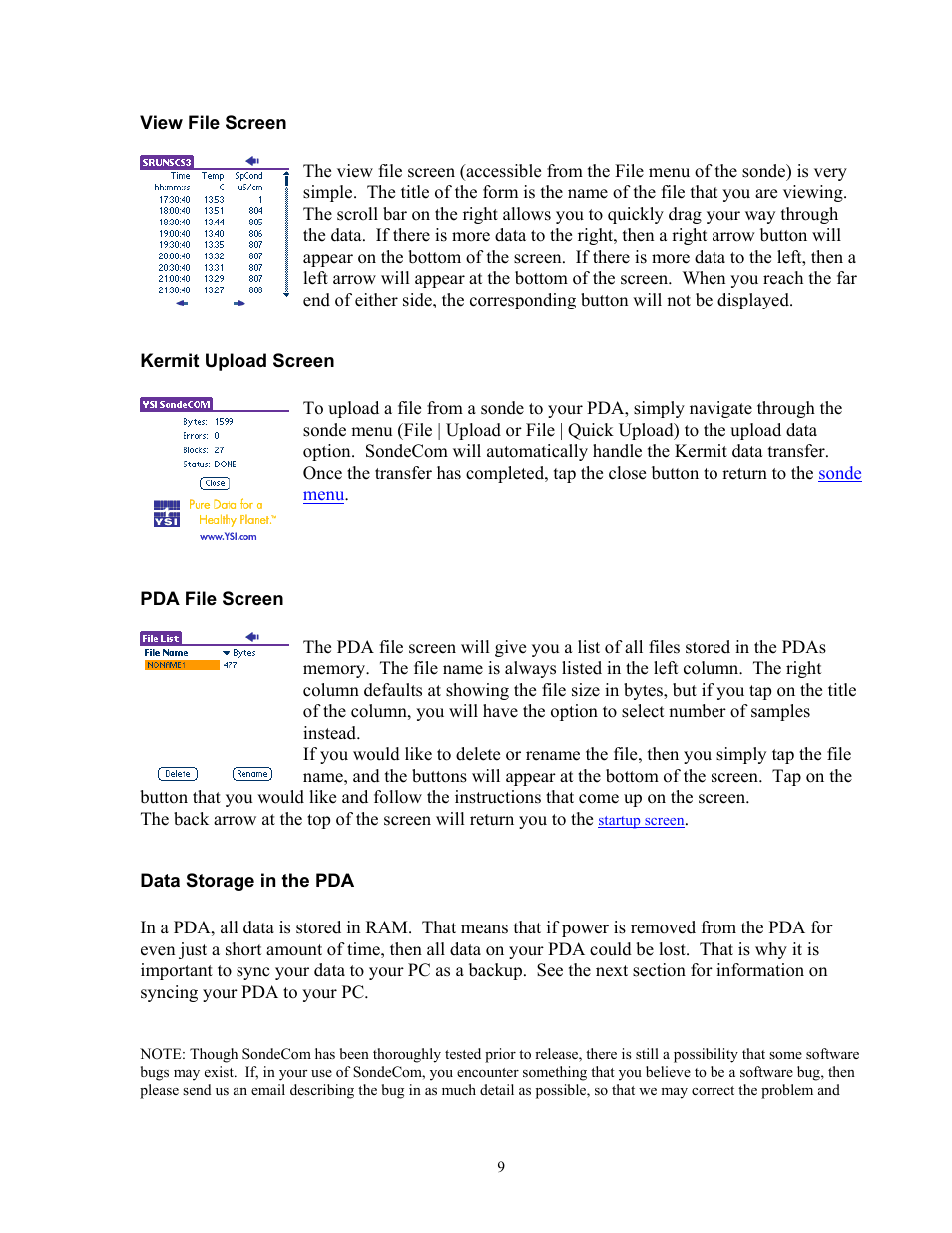 View file screen, Kermit upload screen, Pda file screen | Data storage in the pda | YSI SondeCom User Manual | Page 9 / 13