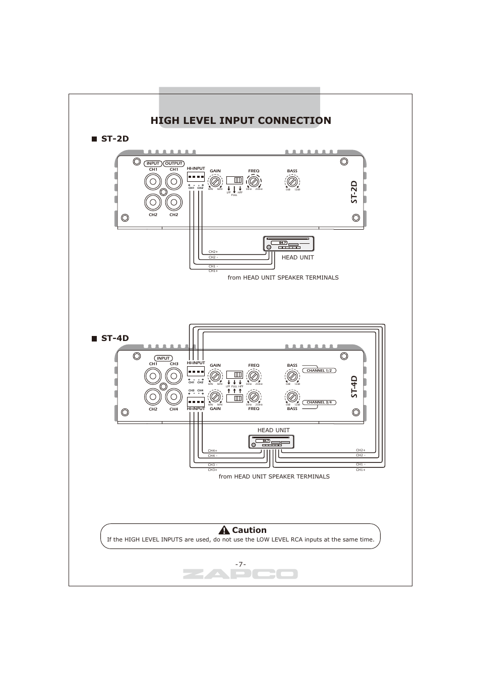 High level input connection, St-2d, St-4d | St-4d caution, Head unit | Zapco ST-series D User Manual | Page 10 / 21