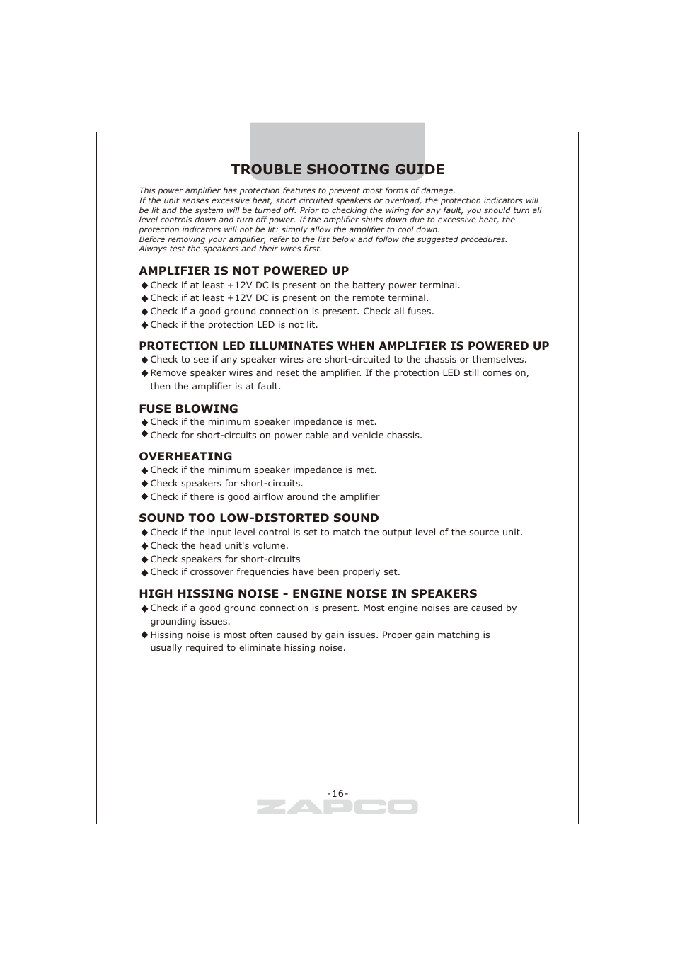 Trouble shooting guide | Zapco ST-series D User Manual | Page 19 / 21