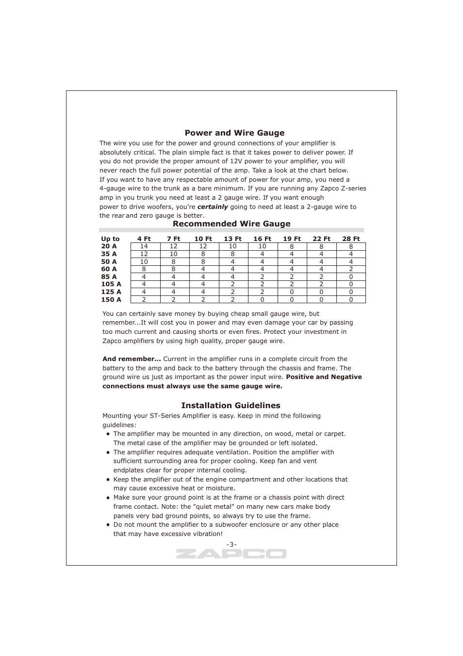 Power and wire gauge, Recommended wire gauge, Installation guidelines | Zapco ST-series D User Manual | Page 4 / 21