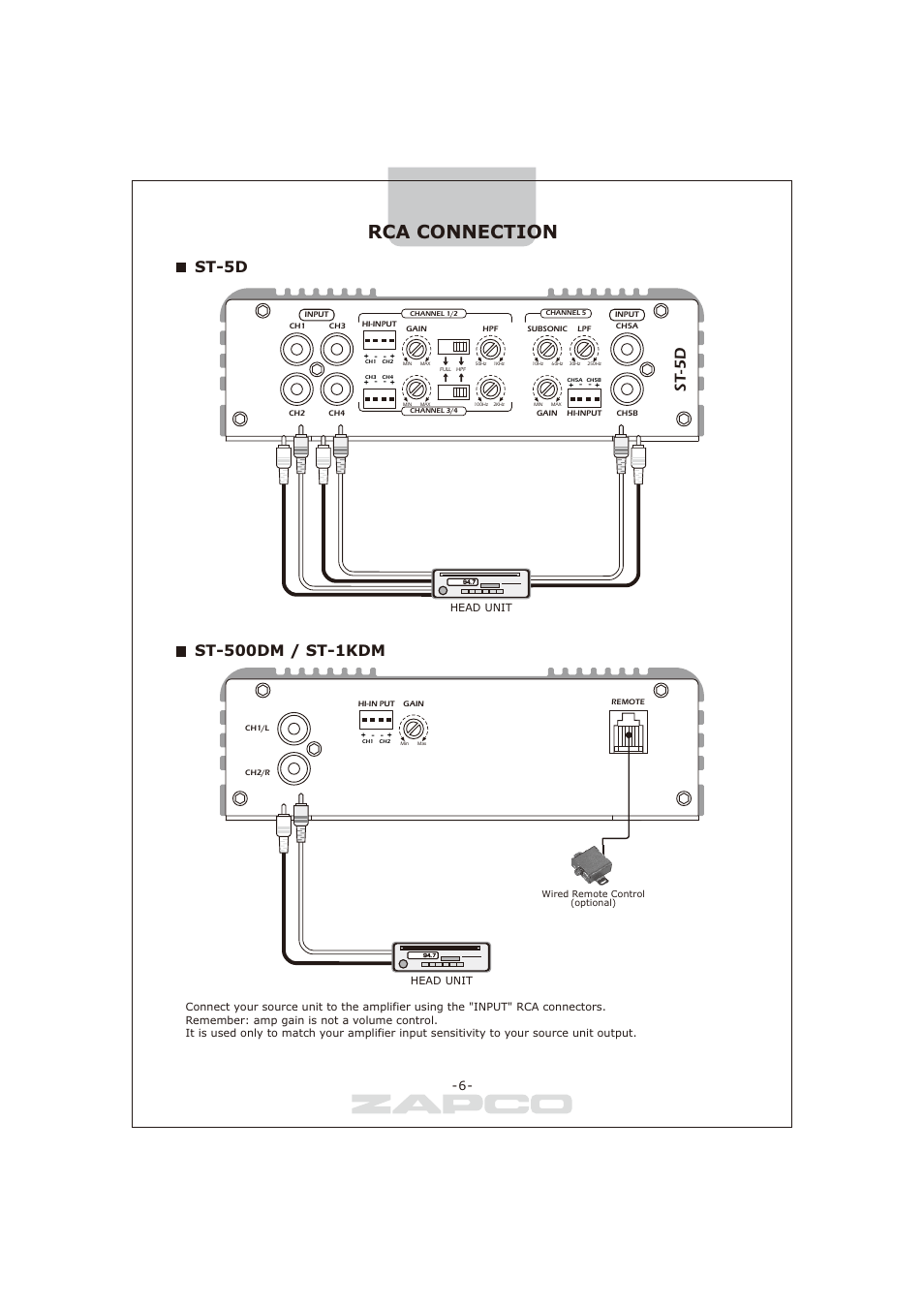 Rca connection, St-5d, Head unit | Zapco ST-series D User Manual | Page 9 / 21