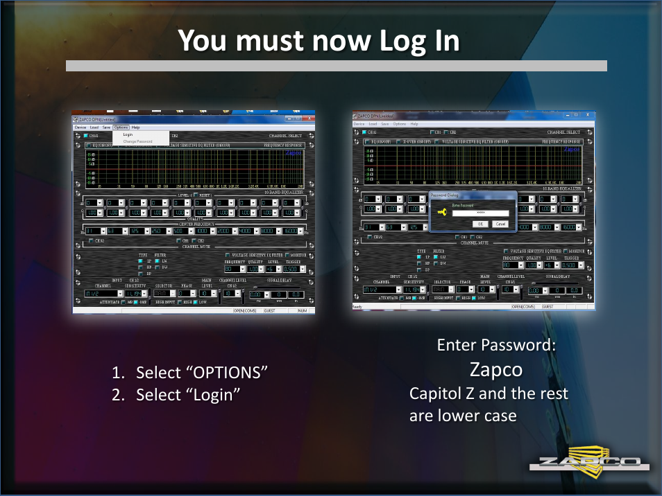 You must now log in | Zapco DC Intro User Manual | Page 11 / 30