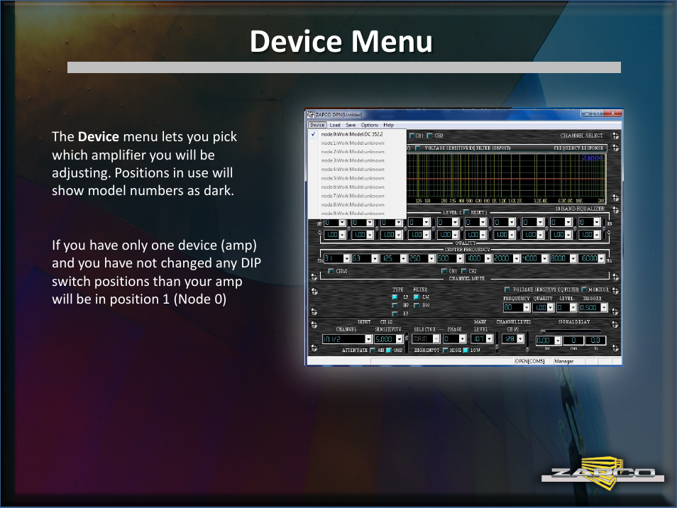 Device menu | Zapco DC Intro User Manual | Page 13 / 30