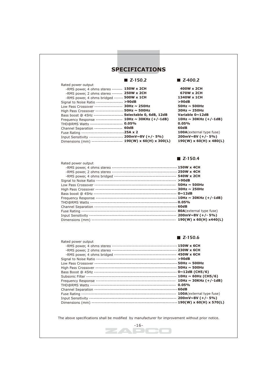 Specifications, Z-150.2, Z-400.2 | Z-150.4, Z-150.6 | Zapco Z-series B User Manual | Page 17 / 20