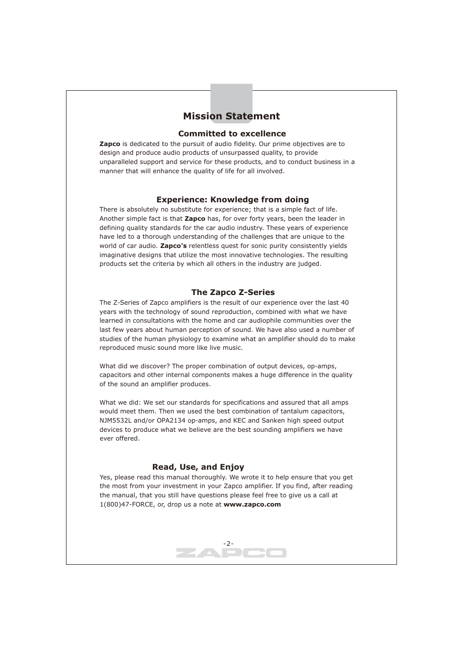 Mission statement | Zapco Z-series B User Manual | Page 3 / 20