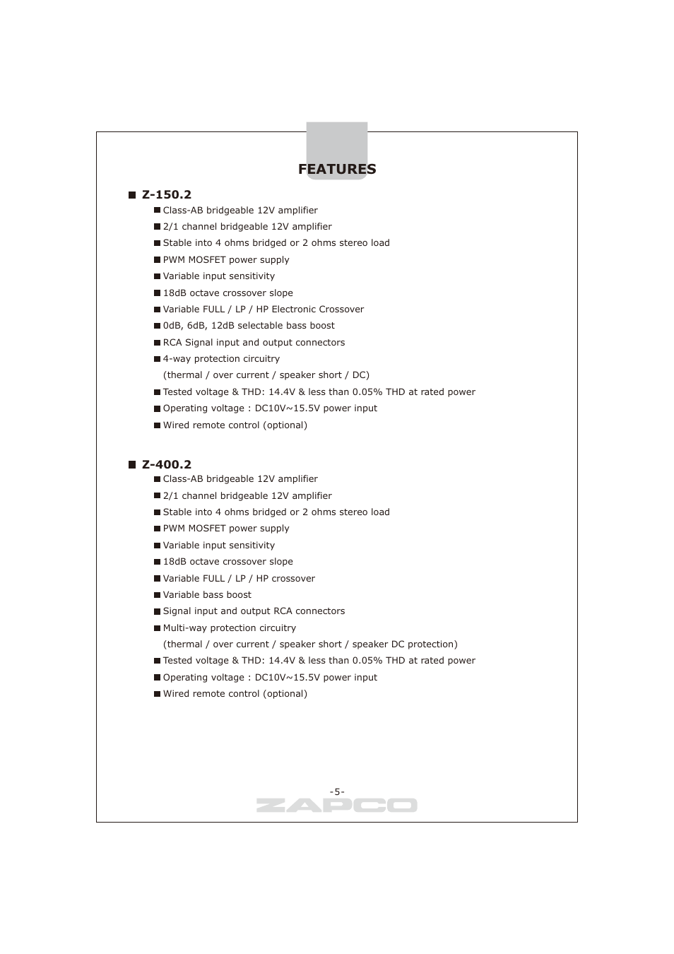 Features, Z-150.2, Z-400.2 | Zapco Z-series B User Manual | Page 6 / 20