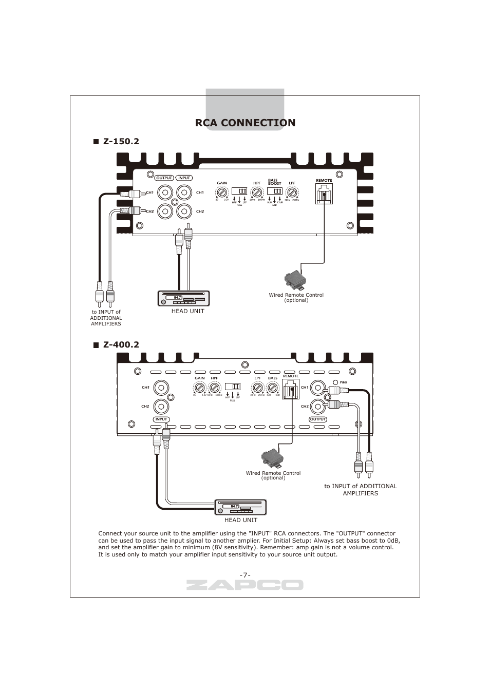 Rca connection, Z-150.2, Z-400.2 | Zapco Z-series B User Manual | Page 8 / 20