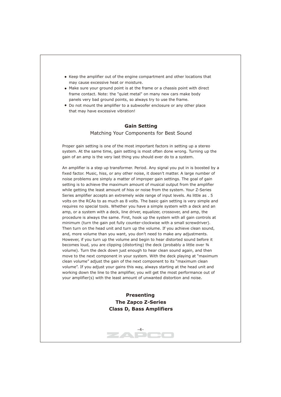 Gain setting, Matching your components for best sound | Zapco Z-series D User Manual | Page 5 / 12