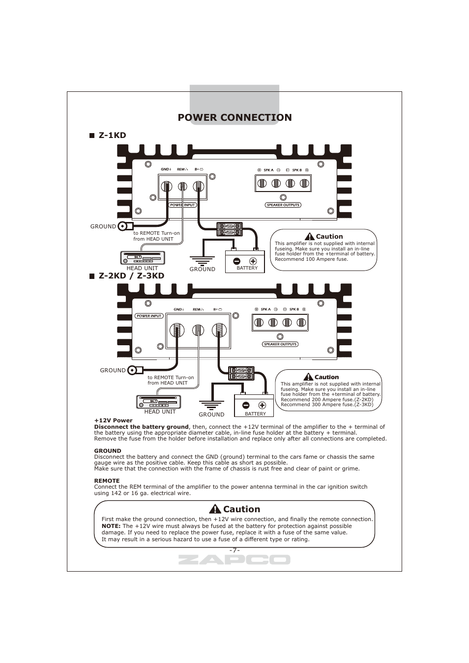 Power connection, Caution, Z-1kd z-2kd / z-3kd | Zapco Z-series D User Manual | Page 8 / 12