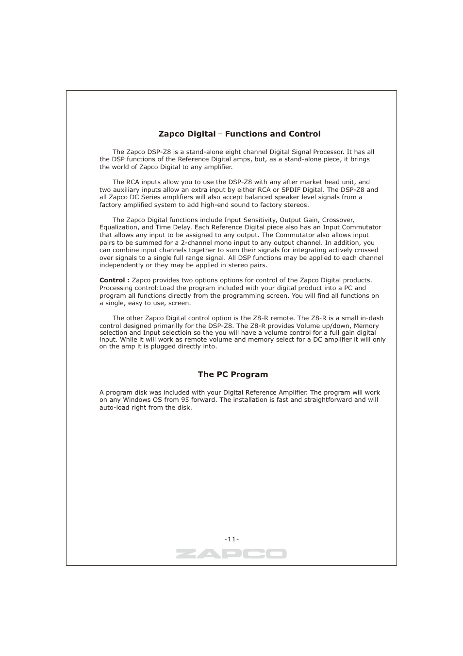 페이지 11, Zapco digital – functions and control, The pc program | Zapco DC-series User Manual | Page 11 / 32