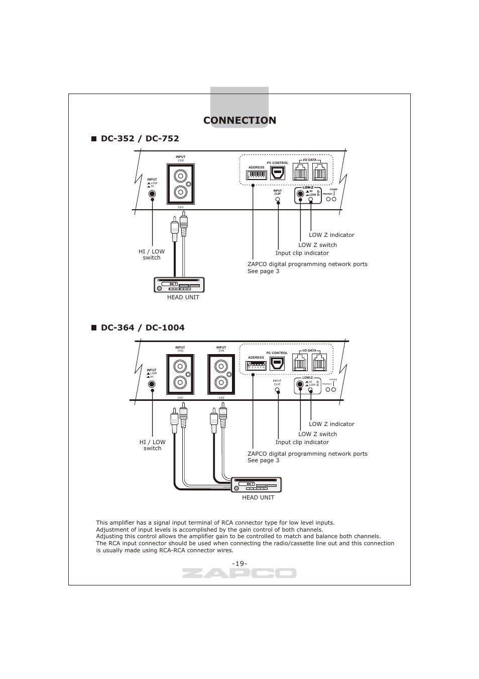 페이지 19, Connection, Head unit | Zapco DC-series User Manual | Page 19 / 32