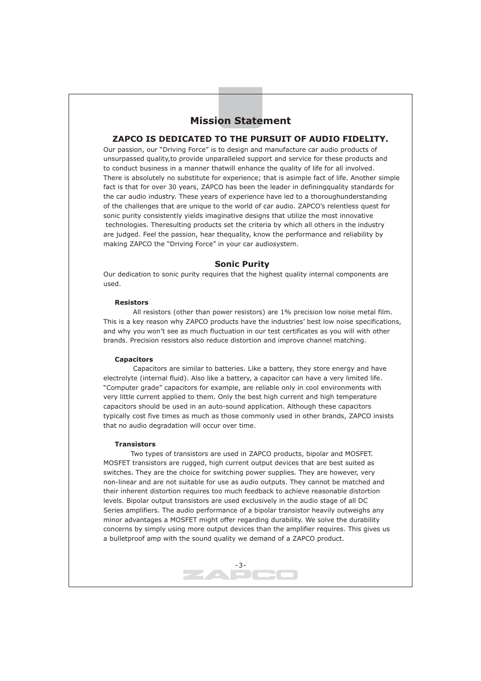 페이지 3, Mission statement, Sonic purity | Zapco DC-series User Manual | Page 3 / 32